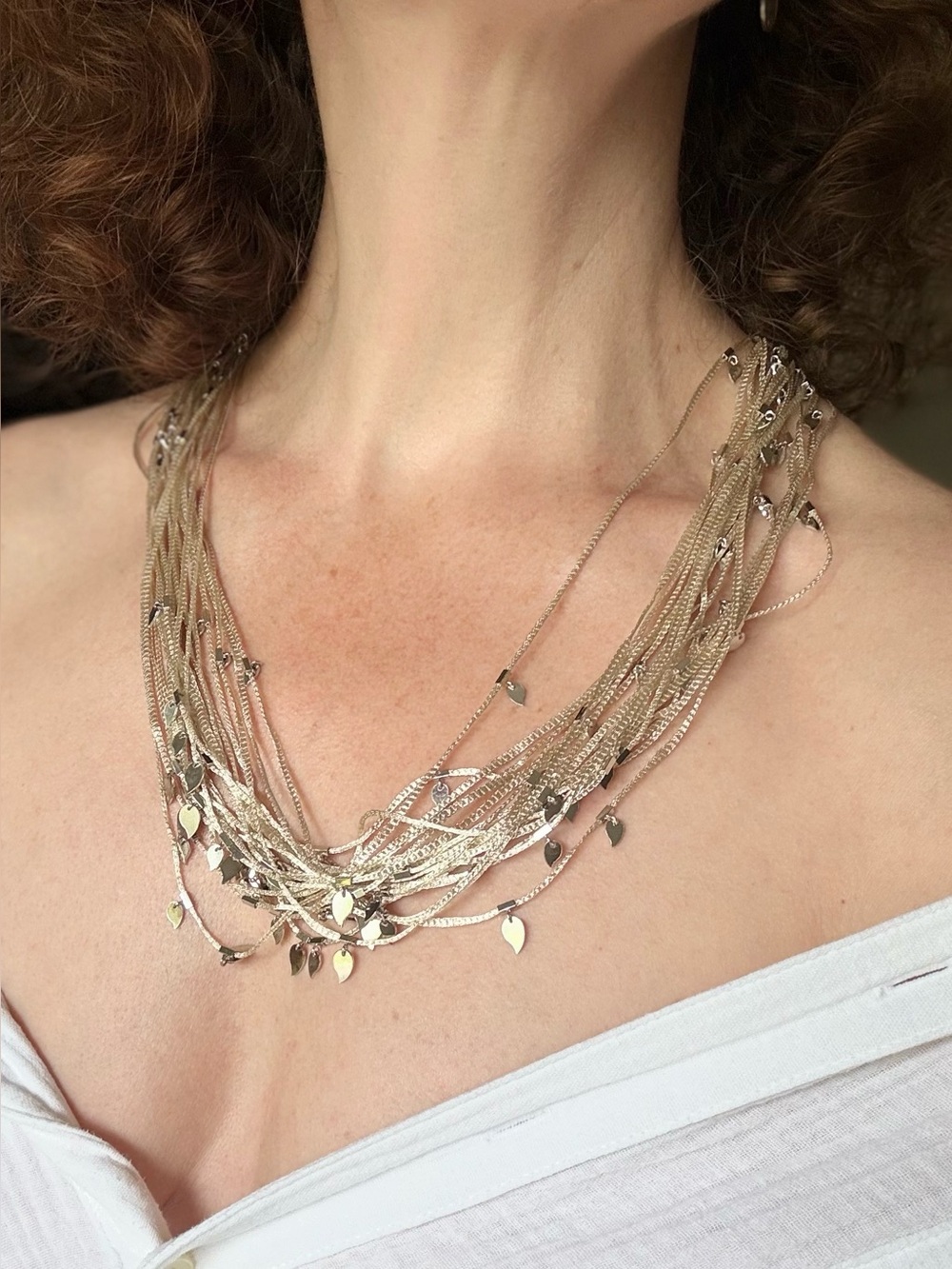Sterling Silver 925 Multi-Strand Woven Necklace Leaf Charms Italy